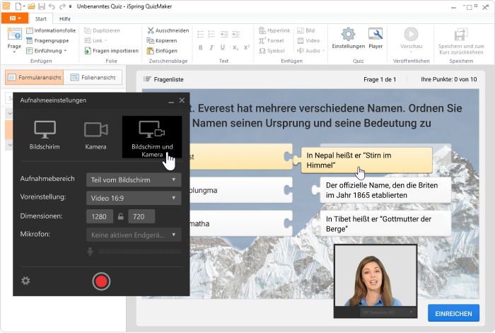 Option Bildschirm und Kamera iSpring Suite Aufnahmeeinstellungen